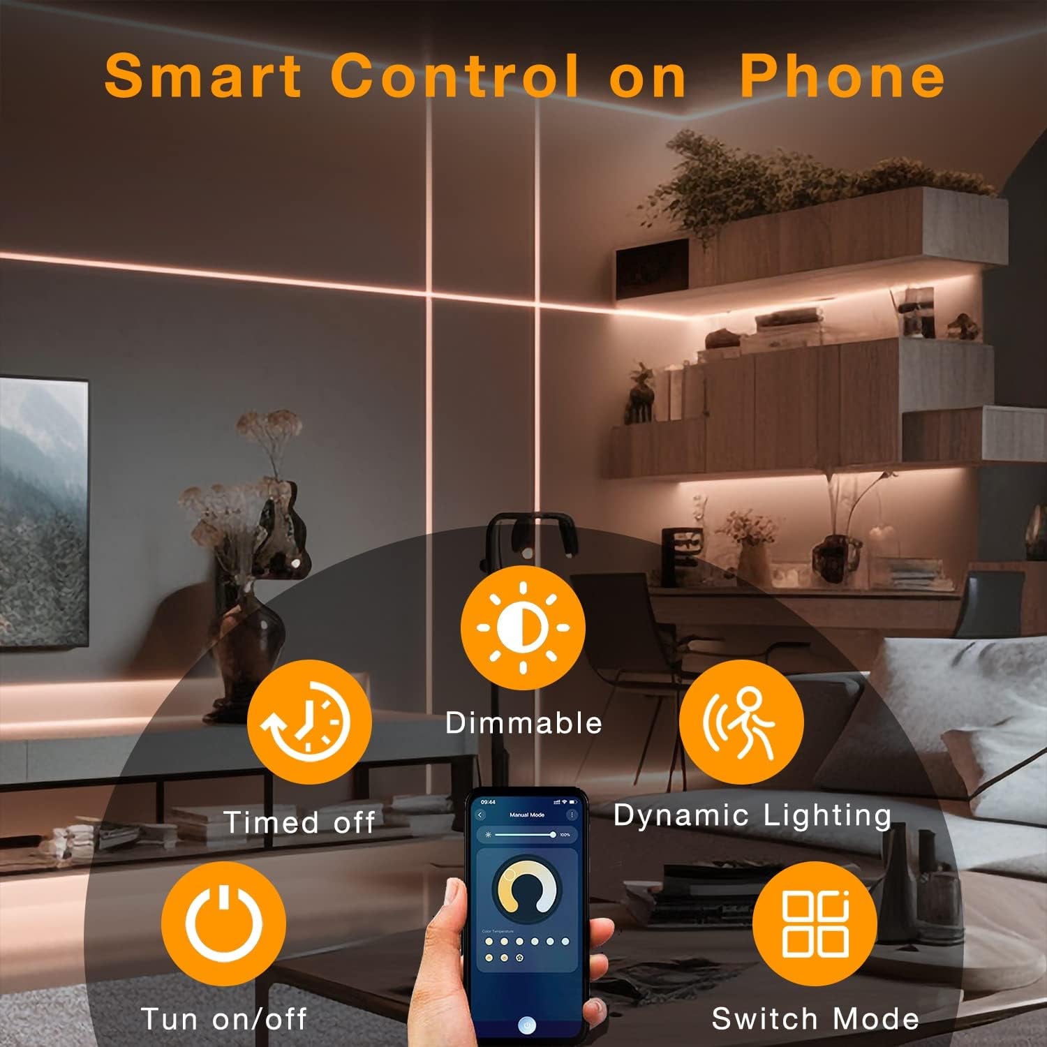 Phopollo Motion Sensor LED Strip Light Kit - 10-Piece Under Cabinet Set with App and RF Remote Control, Dimmable 2700K-6500K Lighting for Kitchen, Counter, and Shelf, Dusk to Dawn Night Light - 16.4 Feet