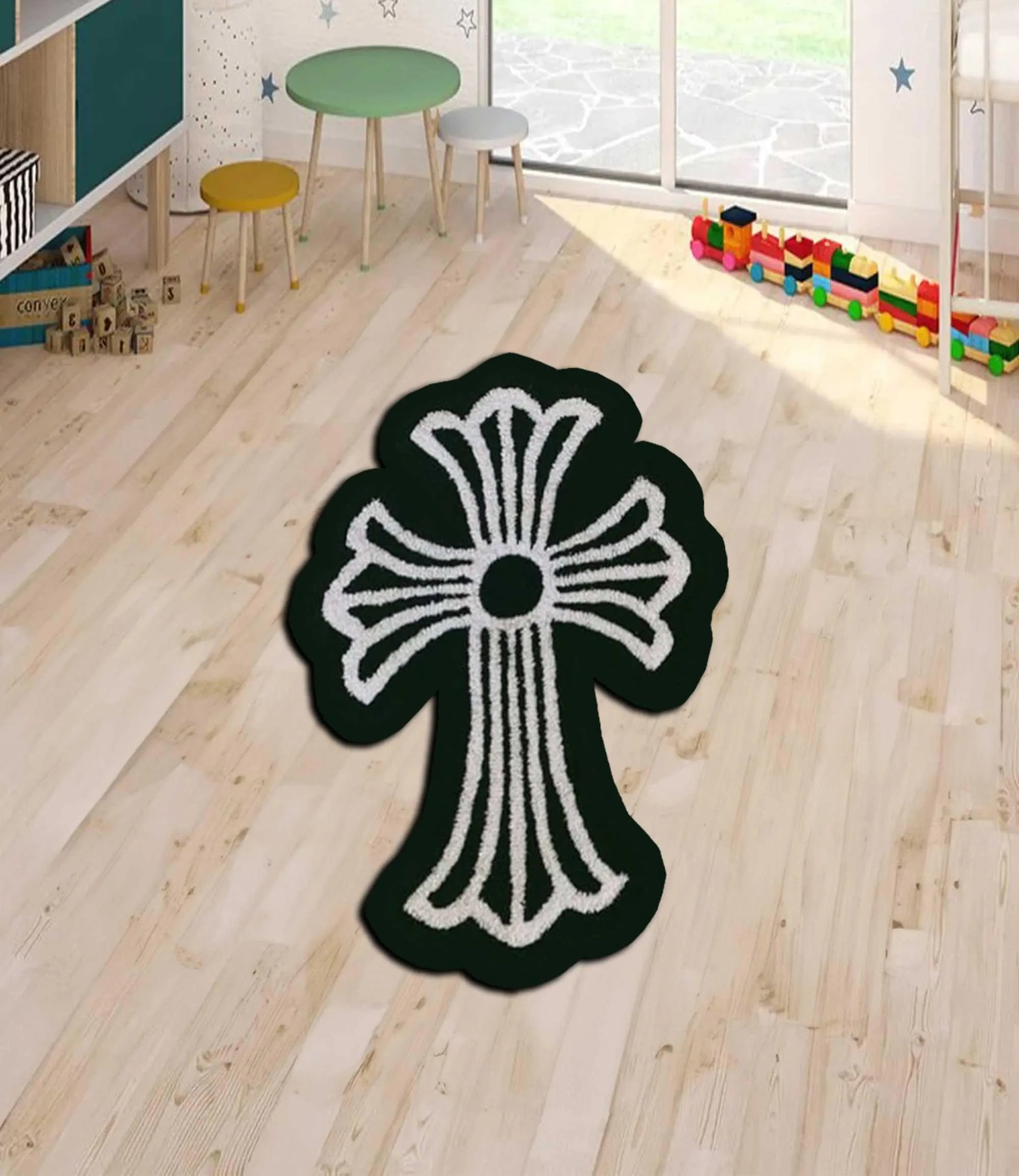 Chrome Inspired Rug, Chrome Rug, Chrome round Rug, Cross Rug, Gothic Cross, Chrome Gothic Style Y2K, Chrome Cross, Custom Rug