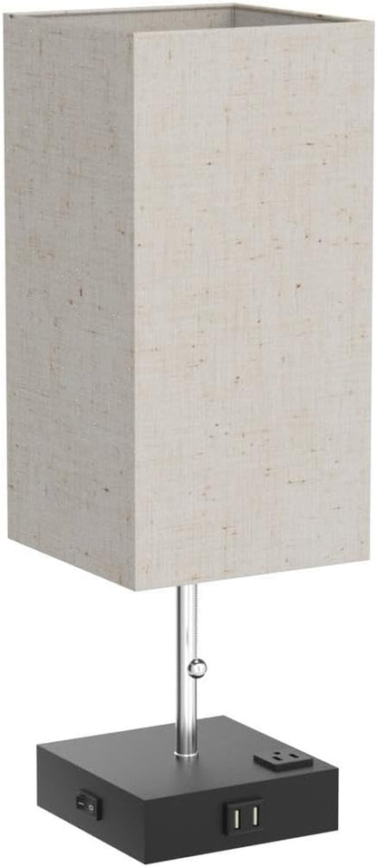 GOLSPARK Minimalist USB Bedside Table Lamp with Charging Ports and Fabric Linen Shade, Modern Square Nightstand Desk Lamp with Pull Chain