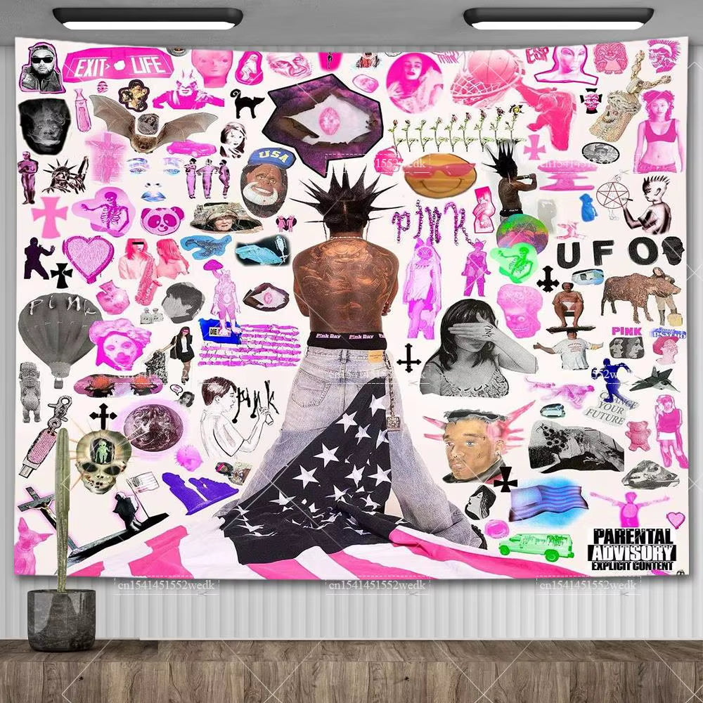Lil Uzi Posters Vert Pink Tape Music Album Wall Art Tapestry Meme American USA Flag Background Backdrops Y2K Aesthetic Tapestrys