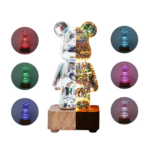 LED Glass Bear Figure Aesthetic 3D Firework Projector Lamp Statue Color Changeable Bear Figurine Sculpture Bedroom Decoration
