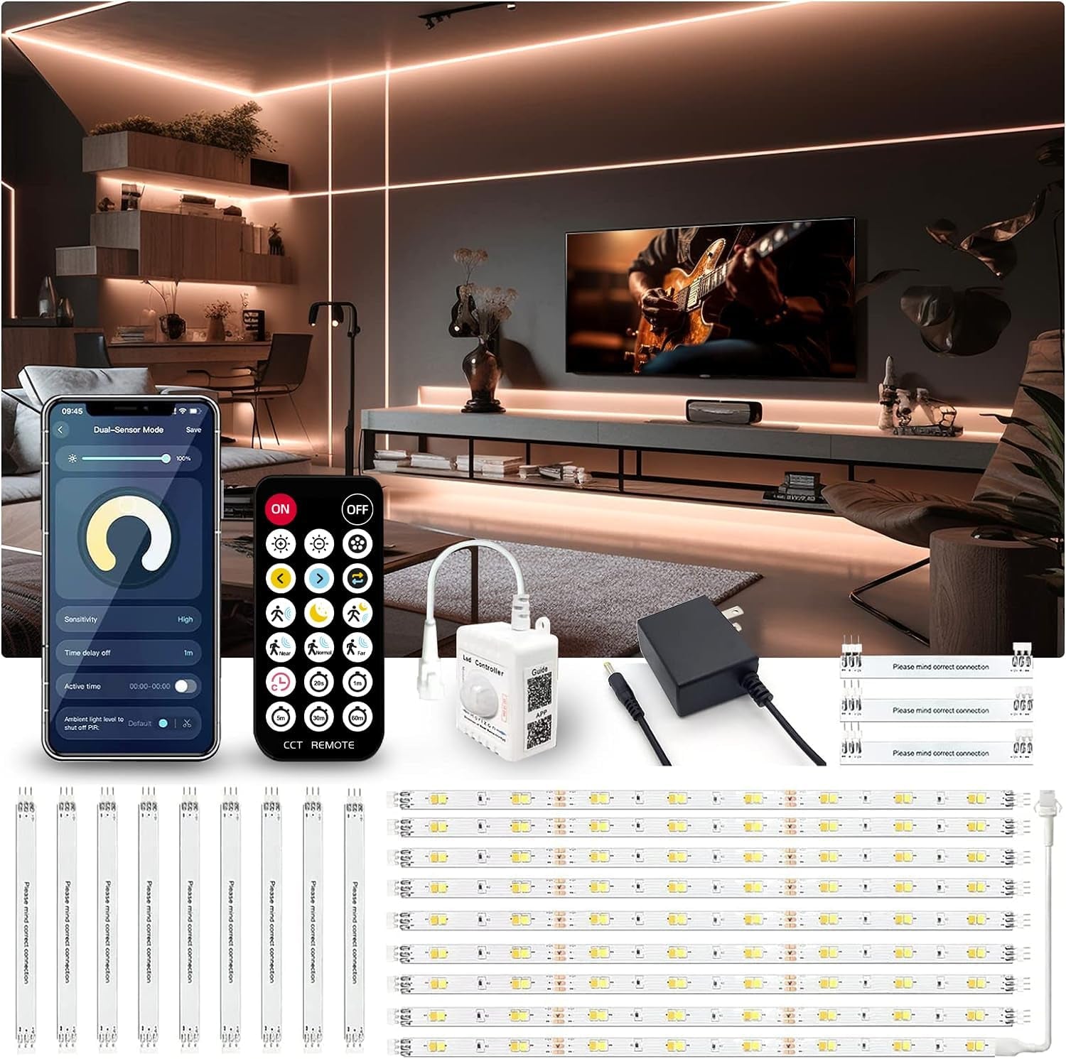 Phopollo Motion Sensor LED Strip Light Kit - 10-Piece Under Cabinet Set with App and RF Remote Control, Dimmable 2700K-6500K Lighting for Kitchen, Counter, and Shelf, Dusk to Dawn Night Light - 16.4 Feet