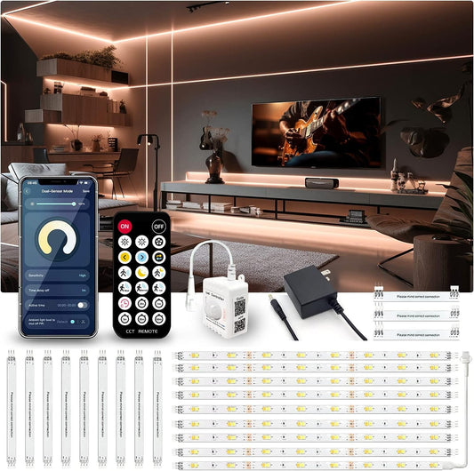Phopollo Motion Sensor LED Strip Light Kit - 10-Piece Under Cabinet Set with App and RF Remote Control, Dimmable 2700K-6500K Lighting for Kitchen, Counter, and Shelf, Dusk to Dawn Night Light - 16.4 Feet