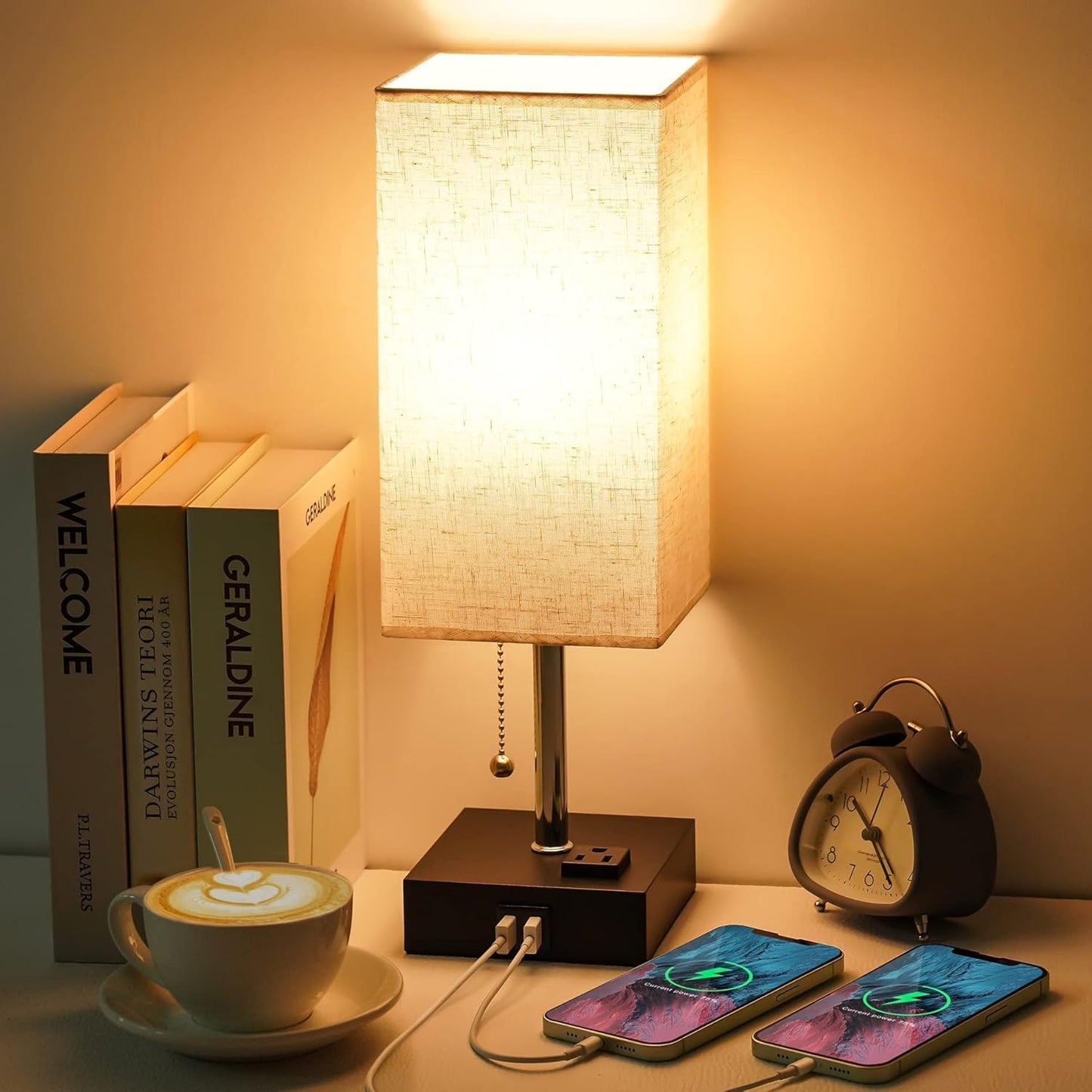 GOLSPARK Minimalist USB Bedside Table Lamp with Charging Ports and Fabric Linen Shade, Modern Square Nightstand Desk Lamp with Pull Chain