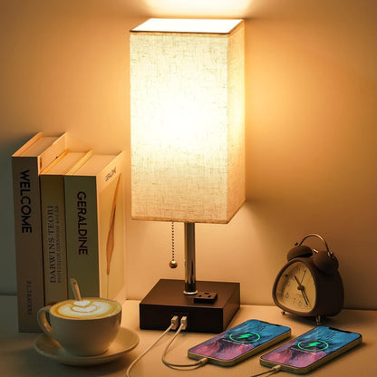 GOLSPARK Minimalist USB Bedside Table Lamp with Charging Ports and Fabric Linen Shade, Modern Square Nightstand Desk Lamp with Pull Chain