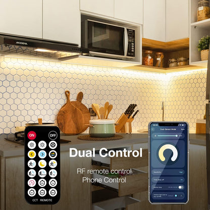 Phopollo Motion Sensor LED Strip Light Kit - 10-Piece Under Cabinet Set with App and RF Remote Control, Dimmable 2700K-6500K Lighting for Kitchen, Counter, and Shelf, Dusk to Dawn Night Light - 16.4 Feet