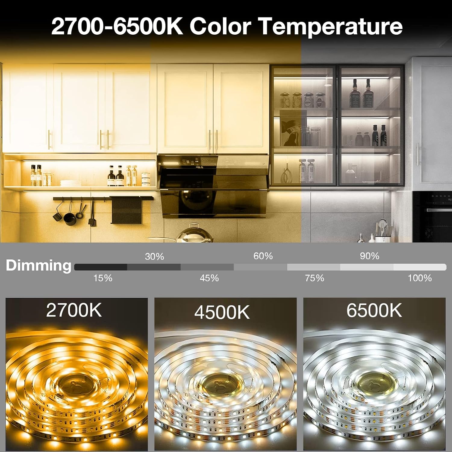 Phopollo Motion Sensor LED Strip Light Kit - 10-Piece Under Cabinet Set with App and RF Remote Control, Dimmable 2700K-6500K Lighting for Kitchen, Counter, and Shelf, Dusk to Dawn Night Light - 16.4 Feet